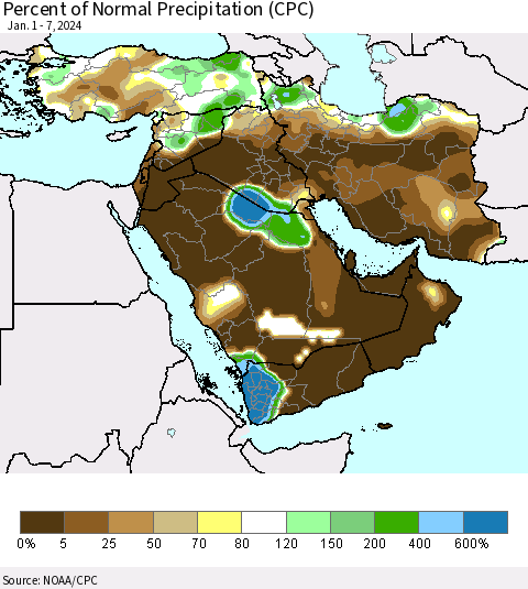 Middle East and Turkey Percent of Normal Precipitation (CPC) Thematic Map For 1/1/2024 - 1/7/2024