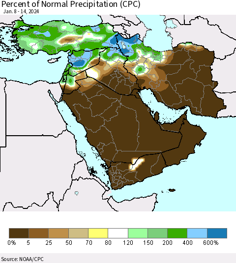 Middle East and Turkey Percent of Normal Precipitation (CPC) Thematic Map For 1/8/2024 - 1/14/2024