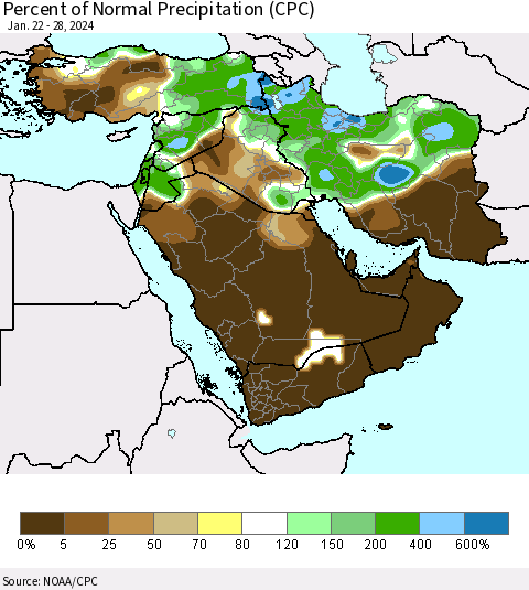 Middle East and Turkey Percent of Normal Precipitation (CPC) Thematic Map For 1/22/2024 - 1/28/2024