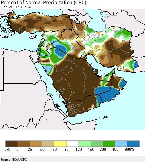 Middle East and Turkey Percent of Normal Precipitation (CPC) Thematic Map For 1/29/2024 - 2/4/2024