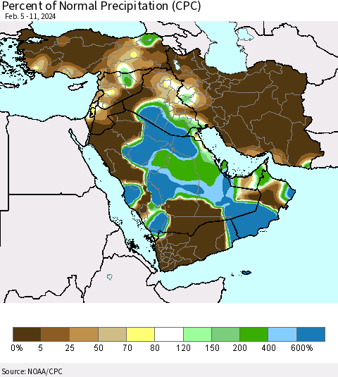 Middle East and Turkey Percent of Normal Precipitation (CPC) Thematic Map For 2/5/2024 - 2/11/2024