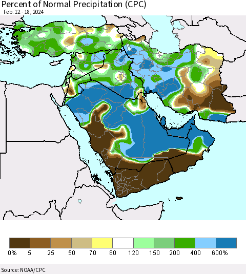 Middle East and Turkey Percent of Normal Precipitation (CPC) Thematic Map For 2/12/2024 - 2/18/2024