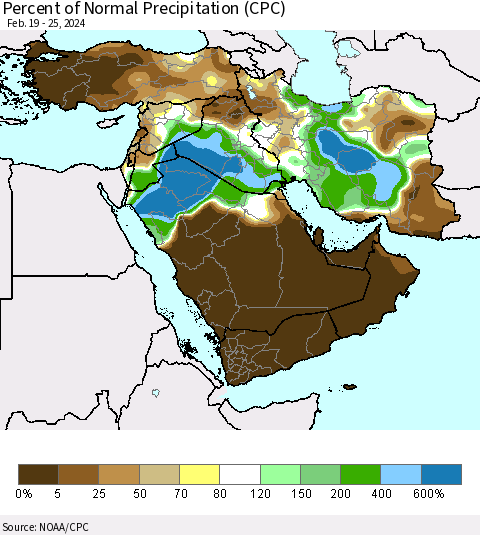 Middle East and Turkey Percent of Normal Precipitation (CPC) Thematic Map For 2/19/2024 - 2/25/2024