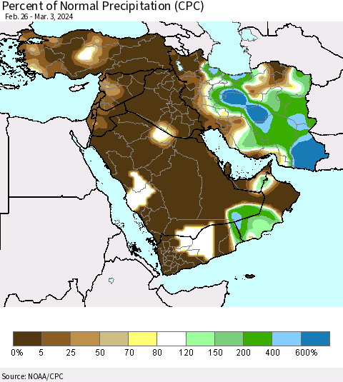 Middle East and Turkey Percent of Normal Precipitation (CPC) Thematic Map For 2/26/2024 - 3/3/2024