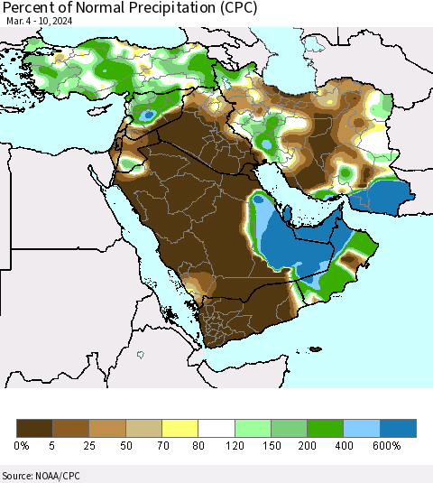Middle East and Turkey Percent of Normal Precipitation (CPC) Thematic Map For 3/4/2024 - 3/10/2024