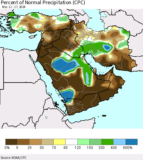 Middle East and Turkey Percent of Normal Precipitation (CPC) Thematic Map For 3/11/2024 - 3/17/2024
