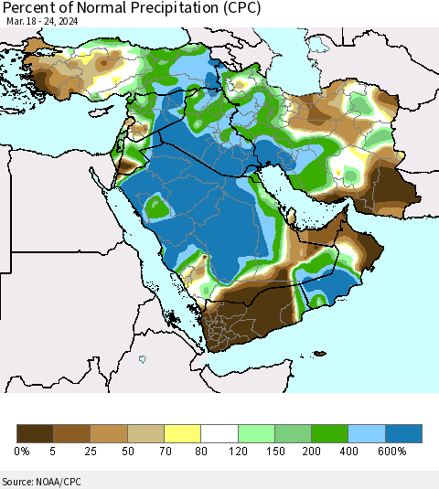Middle East and Turkey Percent of Normal Precipitation (CPC) Thematic Map For 3/18/2024 - 3/24/2024