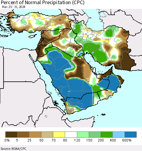 Middle East and Turkey Percent of Normal Precipitation (CPC) Thematic Map For 3/25/2024 - 3/31/2024