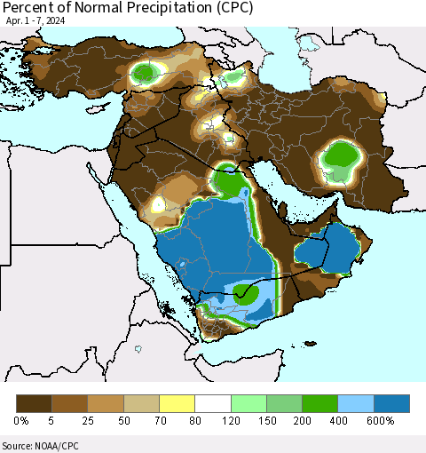 Middle East and Turkey Percent of Normal Precipitation (CPC) Thematic Map For 4/1/2024 - 4/7/2024