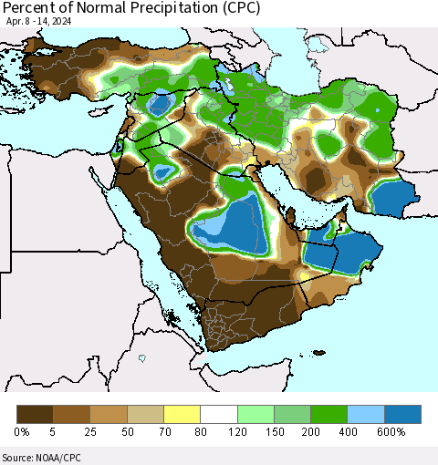 Middle East and Turkey Percent of Normal Precipitation (CPC) Thematic Map For 4/8/2024 - 4/14/2024