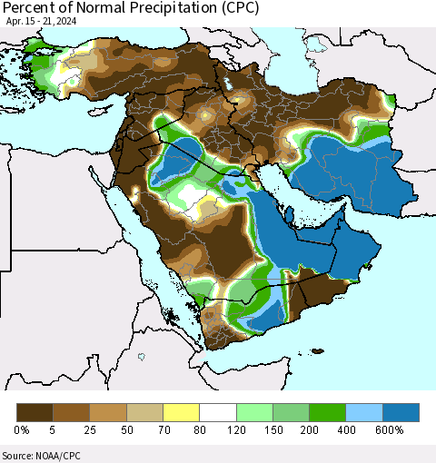Middle East and Turkey Percent of Normal Precipitation (CPC) Thematic Map For 4/15/2024 - 4/21/2024