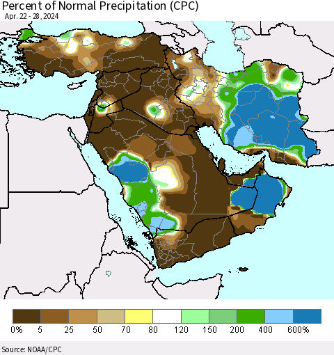Middle East and Turkey Percent of Normal Precipitation (CPC) Thematic Map For 4/22/2024 - 4/28/2024