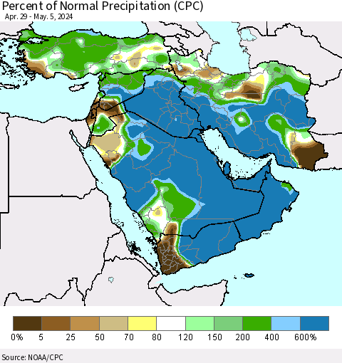 Middle East and Turkey Percent of Normal Precipitation (CPC) Thematic Map For 4/29/2024 - 5/5/2024