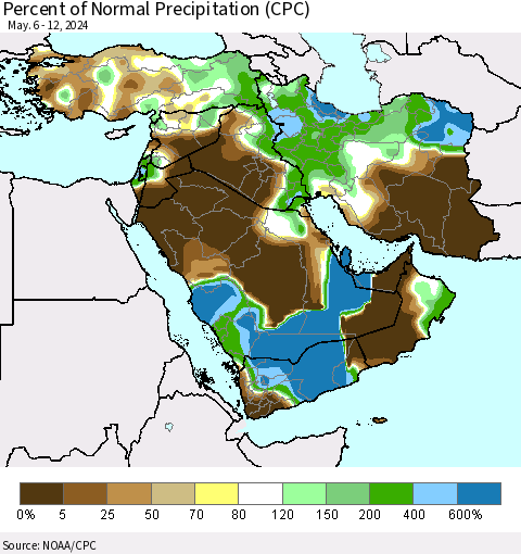 Middle East and Turkey Percent of Normal Precipitation (CPC) Thematic Map For 5/6/2024 - 5/12/2024