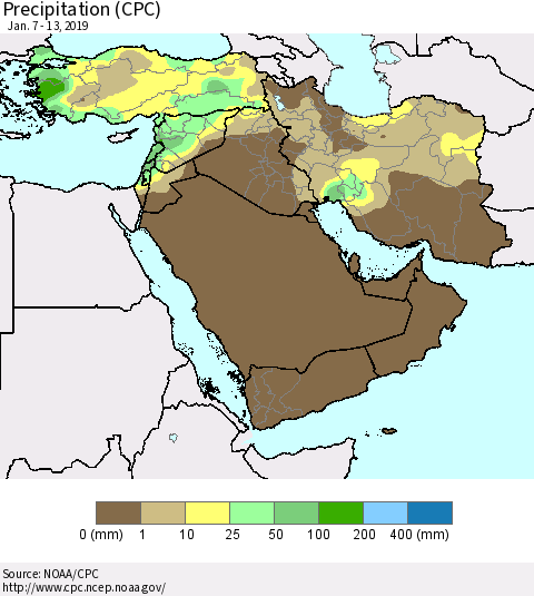 Middle East and Turkey Precipitation (CPC) Thematic Map For 1/7/2019 - 1/13/2019