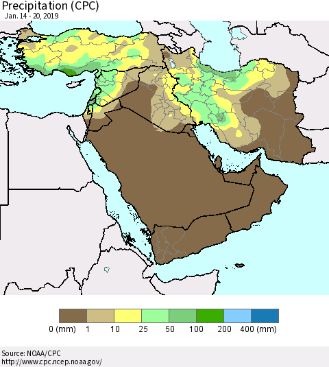 Middle East and Turkey Precipitation (CPC) Thematic Map For 1/14/2019 - 1/20/2019