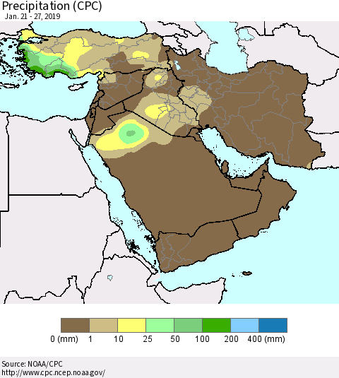 Middle East and Turkey Precipitation (CPC) Thematic Map For 1/21/2019 - 1/27/2019