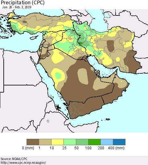 Middle East and Turkey Precipitation (CPC) Thematic Map For 1/28/2019 - 2/3/2019