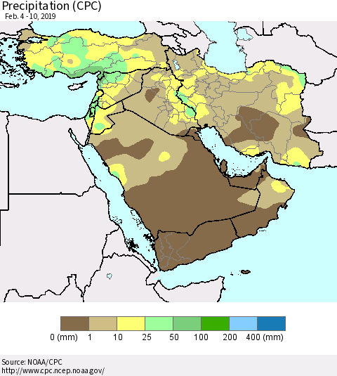 Middle East and Turkey Precipitation (CPC) Thematic Map For 2/4/2019 - 2/10/2019