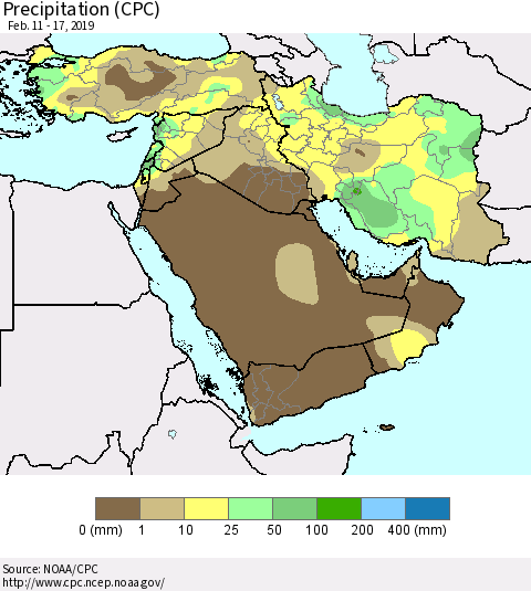 Middle East and Turkey Precipitation (CPC) Thematic Map For 2/11/2019 - 2/17/2019