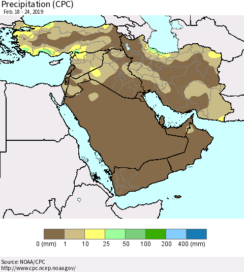 Middle East and Turkey Precipitation (CPC) Thematic Map For 2/18/2019 - 2/24/2019