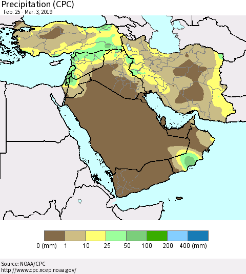 Middle East and Turkey Precipitation (CPC) Thematic Map For 2/25/2019 - 3/3/2019