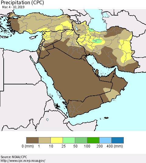 Middle East and Turkey Precipitation (CPC) Thematic Map For 3/4/2019 - 3/10/2019