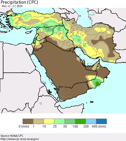 Middle East and Turkey Precipitation (CPC) Thematic Map For 3/11/2019 - 3/17/2019