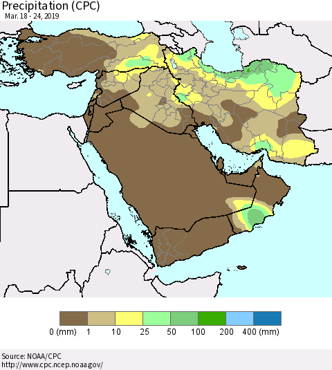 Middle East and Turkey Precipitation (CPC) Thematic Map For 3/18/2019 - 3/24/2019