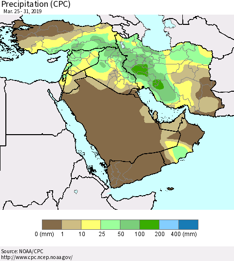 Middle East and Turkey Precipitation (CPC) Thematic Map For 3/25/2019 - 3/31/2019