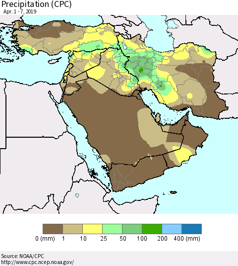 Middle East and Turkey Precipitation (CPC) Thematic Map For 4/1/2019 - 4/7/2019