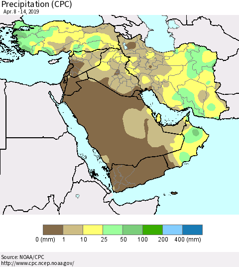 Middle East and Turkey Precipitation (CPC) Thematic Map For 4/8/2019 - 4/14/2019