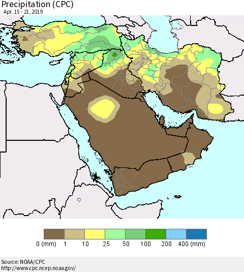 Middle East and Turkey Precipitation (CPC) Thematic Map For 4/15/2019 - 4/21/2019
