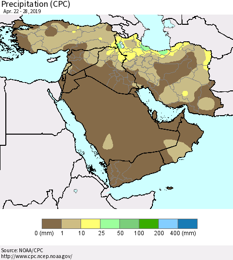 Middle East and Turkey Precipitation (CPC) Thematic Map For 4/22/2019 - 4/28/2019