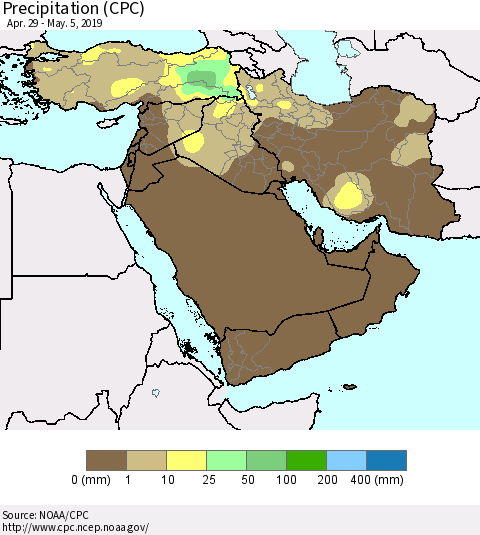 Middle East and Turkey Precipitation (CPC) Thematic Map For 4/29/2019 - 5/5/2019