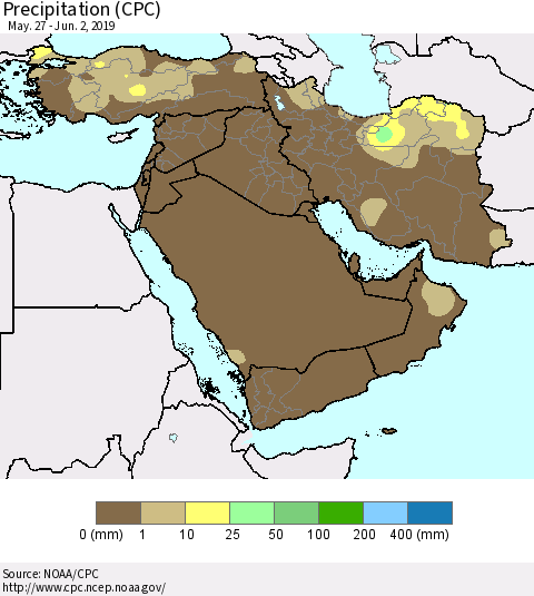 Middle East and Turkey Precipitation (CPC) Thematic Map For 5/27/2019 - 6/2/2019