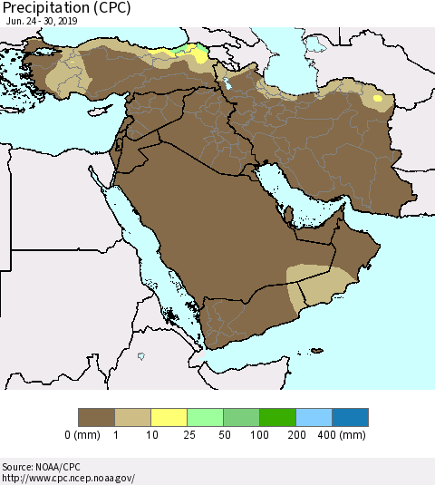 Middle East and Turkey Precipitation (CPC) Thematic Map For 6/24/2019 - 6/30/2019