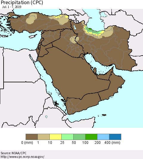 Middle East and Turkey Precipitation (CPC) Thematic Map For 7/1/2019 - 7/7/2019