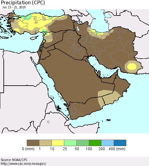 Middle East and Turkey Precipitation (CPC) Thematic Map For 7/15/2019 - 7/21/2019