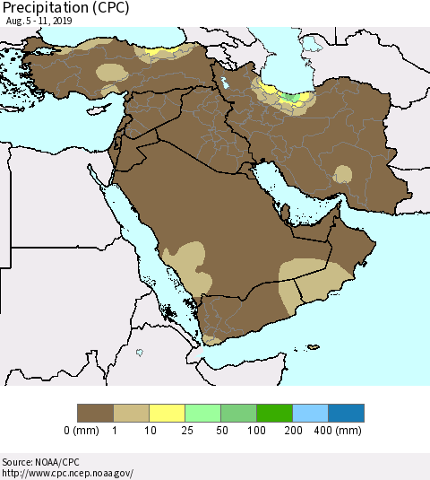 Middle East and Turkey Precipitation (CPC) Thematic Map For 8/5/2019 - 8/11/2019