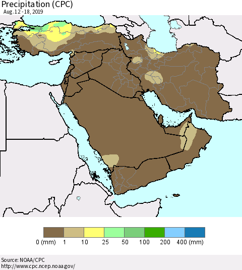 Middle East and Turkey Precipitation (CPC) Thematic Map For 8/12/2019 - 8/18/2019