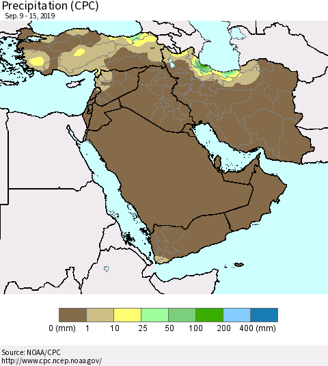 Middle East and Turkey Precipitation (CPC) Thematic Map For 9/9/2019 - 9/15/2019