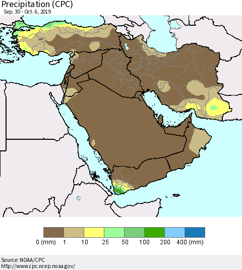 Middle East and Turkey Precipitation (CPC) Thematic Map For 9/30/2019 - 10/6/2019