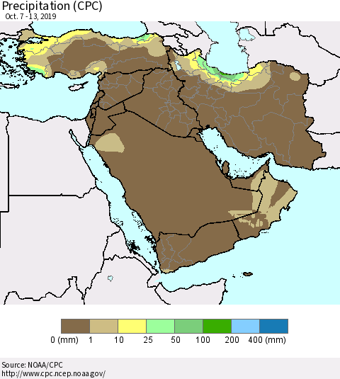 Middle East and Turkey Precipitation (CPC) Thematic Map For 10/7/2019 - 10/13/2019