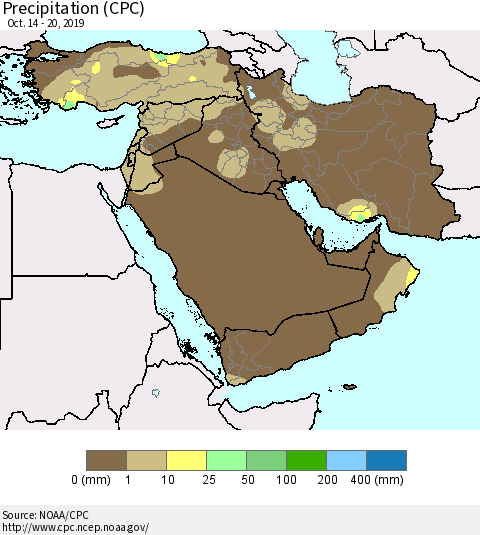 Middle East and Turkey Precipitation (CPC) Thematic Map For 10/14/2019 - 10/20/2019