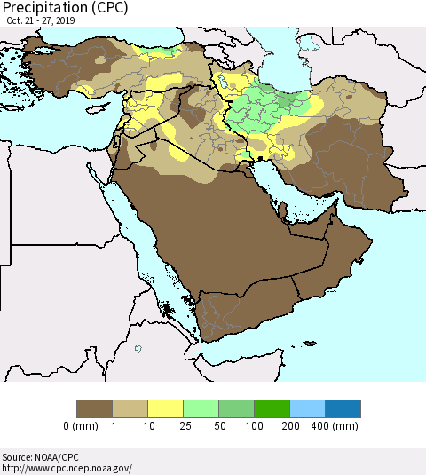 Middle East and Turkey Precipitation (CPC) Thematic Map For 10/21/2019 - 10/27/2019