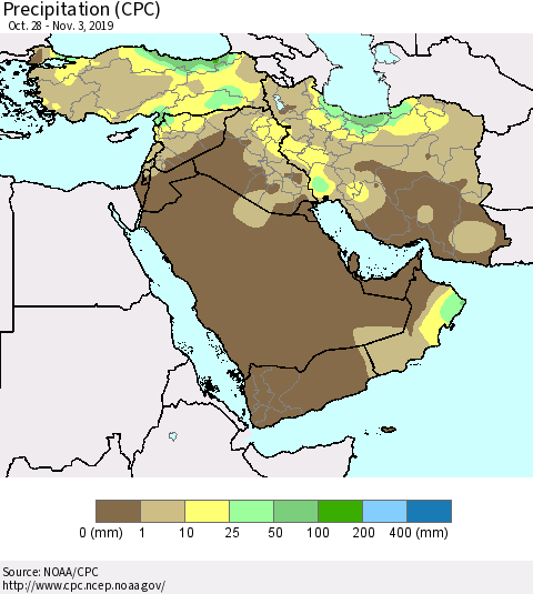 Middle East and Turkey Precipitation (CPC) Thematic Map For 10/28/2019 - 11/3/2019