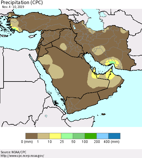 Middle East and Turkey Precipitation (CPC) Thematic Map For 11/4/2019 - 11/10/2019