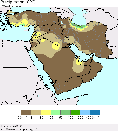Middle East and Turkey Precipitation (CPC) Thematic Map For 11/11/2019 - 11/17/2019
