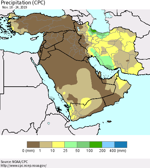 Middle East and Turkey Precipitation (CPC) Thematic Map For 11/18/2019 - 11/24/2019